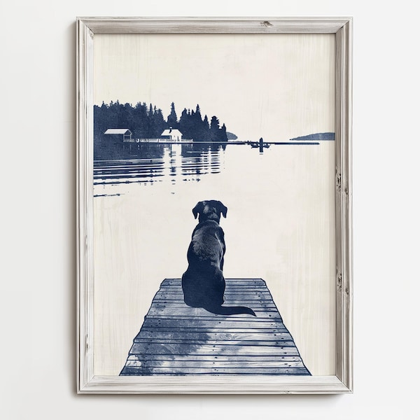 Black Labrador On Lake Dock - Summertime Dog Sketch Art - Happy Dog Lover Print - Lake Coastal Cottage Water Decor - Water Pups Home Art