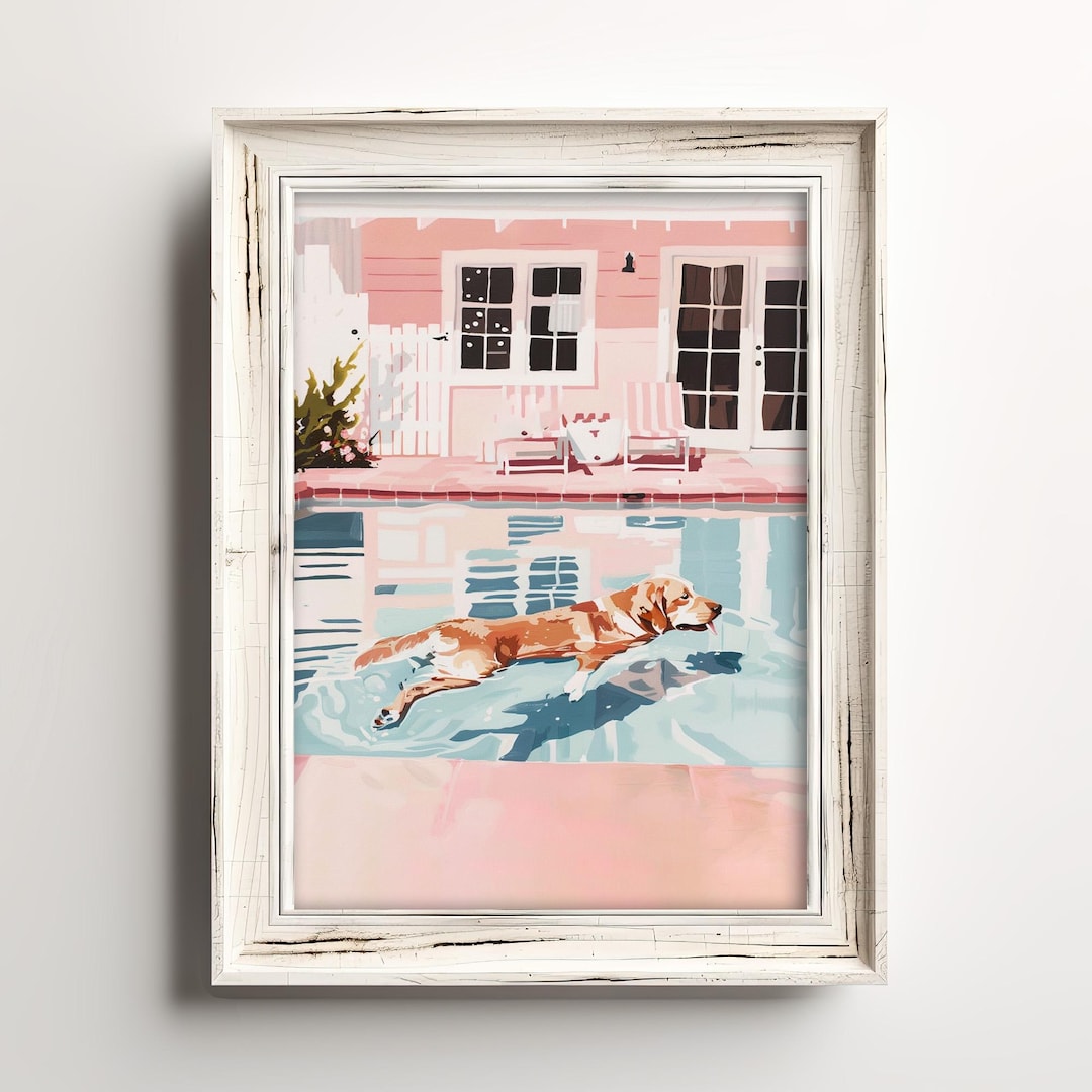 Golden Retriever Pool Swim | Retro Pastel Dogs | Backyard Dog Painting ...