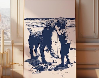 May include: A black and white illustration of a boy and his dog on a beach. The boy is holding a lead and the dog is looking up at him. The image is in a minimalist style with a pink background.