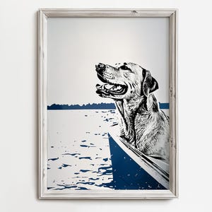 Yellow Labrador Retriever On Pontoon Boat | Summertime Lake Dog Sketch Art | Coastal Cottage Decor | Boat House Artwork | Dog Lovers Print image 1