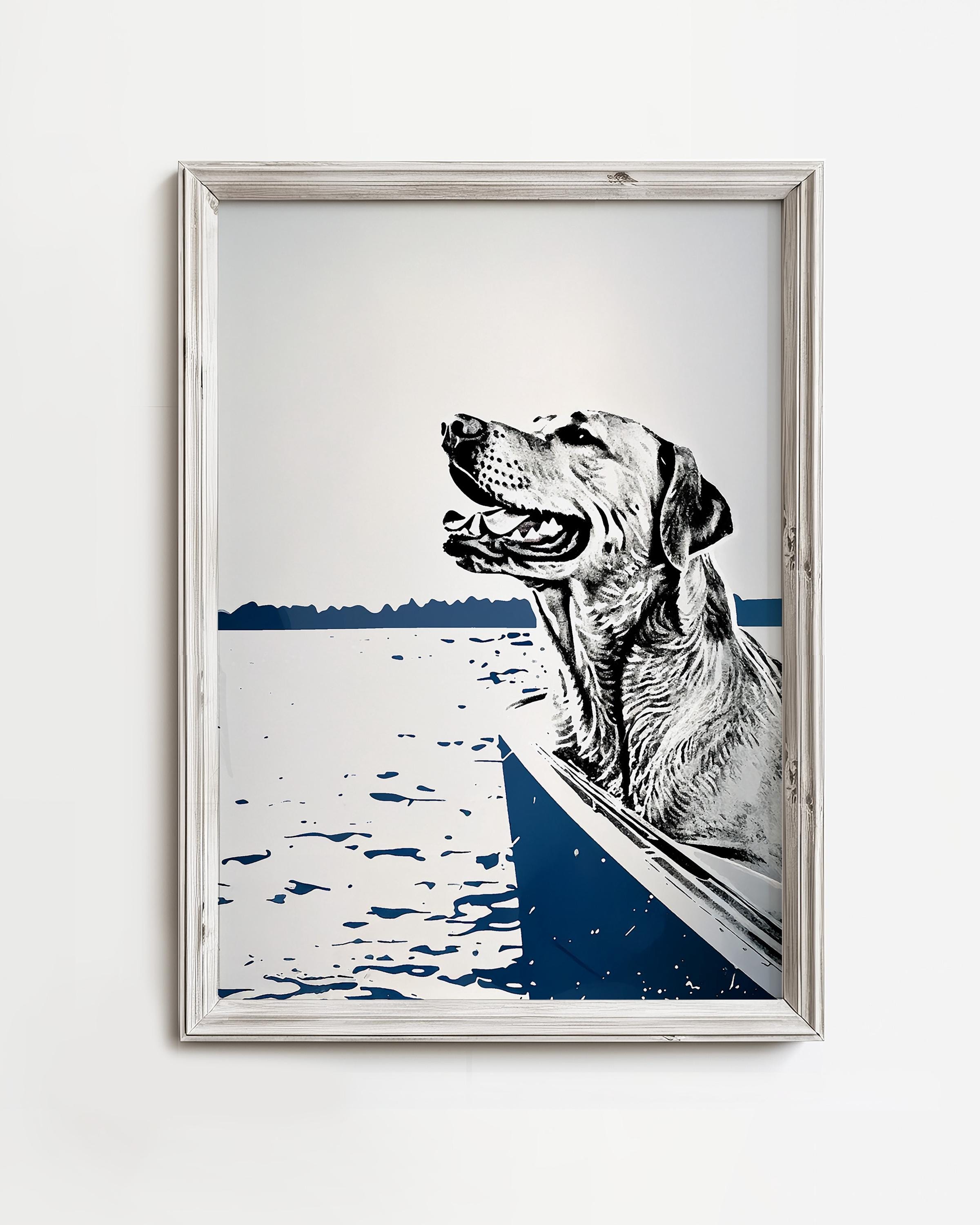 Gelber Labrador Retriever Auf Boot | Sommerzeit See Hund Skizze Kunst | Küsten Cottage Dekor | Bootshaus Kunstwerk |  Hundeliebhaber Druck