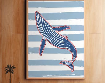 Happy Humpback Whale | Coastal Blue Print | Simple Sea Life Art | Fun Ocean Whale Wall Art |  Nursery Room Print | Coastal Beach House