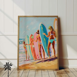 Tablas y chicas: arte retro costero de época, ambiente artístico retro, arte surfero de los años 60, dormitorio universitario elegante, apartamento moderno