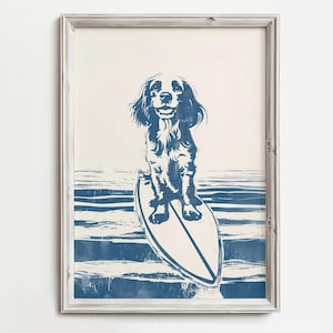 May include: A blue and white illustration of a dog surfing on a surfboard in the ocean. The dog is sitting on the surfboard with its paws on the board and its tail wagging. The ocean is depicted with blue and white waves.