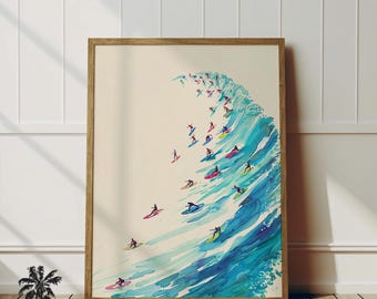 May include: A watercolor painting of a large wave with many surfers riding it. The wave is painted in shades of blue and green, with white foam at the crest. The surfers are painted in bright colors, with red, yellow, and blue surfboards.
