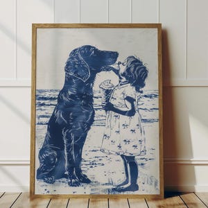 Dog Licks On Beach | Coastal Summer Print | Dog Lovers Art | Family Dogs Children Boy Girl Room | Navy Blue Sketch