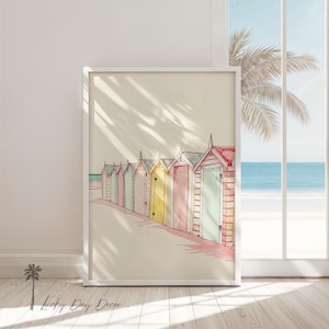 Coastal Colorful Beach Huts | Island Home Beach Sketch |  Inspired Oceanside Print | Simplistic Saltwater Life Decor | Pastel Color Artwork