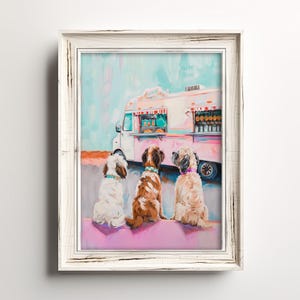 Dogs Food Truck Delight | Retro Happy Dog Print | Whimsical Colorful Watercolor Art | Pink Pastel Girl Painting | Fun Summer Canine Decor