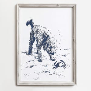 Happy Beach Doodle Finds Crab | Vintage Coastal Home Print | Family Cottage Guest House |  Adorable Dog Lover Wall Art | Navy Blue Sketch