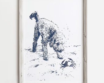 Happy Beach Doodle Finds Crab | Vintage Coastal Home Print | Family Cottage Guest House |  Adorable Dog Lover Wall Art | Navy Blue Sketch