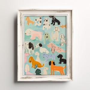 Whimsical Dog Show | Dog Mural Collage Art | Fun Unique Painting | Dog Lover Veterinarian Wall Decor | Decorative Muted Pastel Watercolor