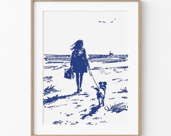 Mom & Border Collie Beach | Ocean Dog Walk | Coastal Summer Decor | Seaside Ocean Art | Blue Sketch Print | Beach House Cottage Art