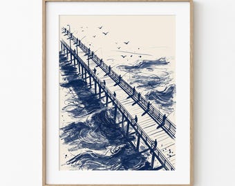 Fishing Pier Crowd | Island Life Home Decor | Vintage Navy Ink Drawing | Coastal Wall Art | Tropical Ocean Lover | Beach House Condo
