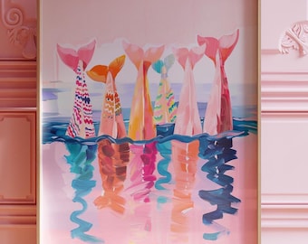May include: A framed painting of five colorful mermaid tails emerging from the water. The tails are painted in shades of pink, orange, yellow, blue, and green. The water is a light blue color and the background is a soft pink.