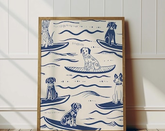 Coastal Dog Sketch Print | Vintage Surf Art for Beach Lovers | Whimsical Cute and Adorable Dog Decor | Fun Coastal Wall Art Print