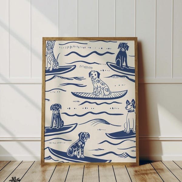 Coastal Dog Sketch Print | Vintage Surf Art for Beach Lovers | Whimsical Cute and Adorable Dog Decor | Fun Coastal Wall Art Print