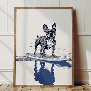 Vintage French Bulldog Surfing Print - Coastal Home Wall Art for