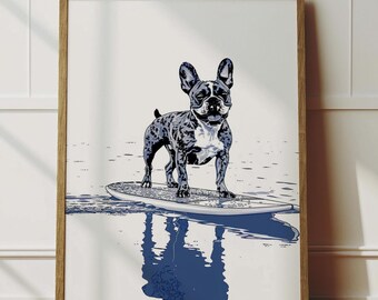 Vintage French Bulldog Surfing Print - Coastal Home Wall Art for