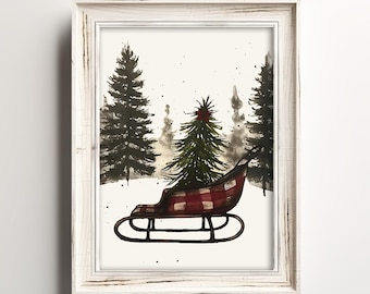 Old Christmas Sleigh | Vintage Christmas Print | Farmhouse Christmas Sketch | Snowy Holiday Wall Decor | Cute Up North Winter Season Art