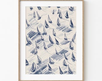 Sailboat Regatta Aerial | Island Life Home Decor | Vintage Navy Ink Drawing | Coastal Wall Art | Tropical Ocean Lover | Beach House Condo
