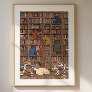 May include: A framed art print featuring a tall wooden bookshelf filled with colorful books. Several dogs of various colors are positioned on the shelves reading books, while a light-colored dog sleeps on the floor surrounded by stacks of books.