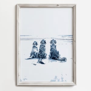 Golden Retrievers Watching Waves | Dry Brush Medium | Simple Beach Dog Days Print | Coastal Cottage Home Print | Golden Retriever Dog Lover