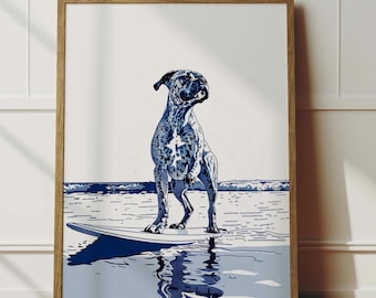 May include: A blue and white illustration of a dog surfing on a wave. The dog is standing on a surfboard with its front paws on the board and its back paws in the water. The dog is looking to the right of the image.