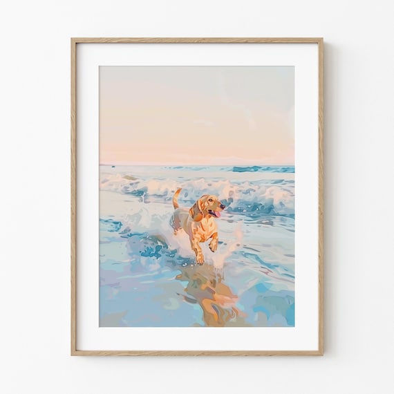 海で幸せそうなダックスフント | 喜びに満ちたウォータードッグの絵画
