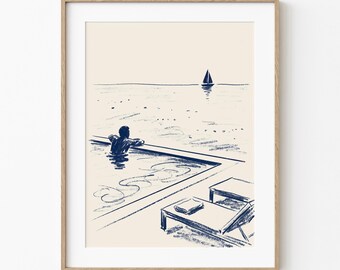 Sea Of Dreams | Island Life Home Decor | Vintage Navy Ink Drawing | Coastal Wall Art | Tropical Ocean Lover | Beach House Condo