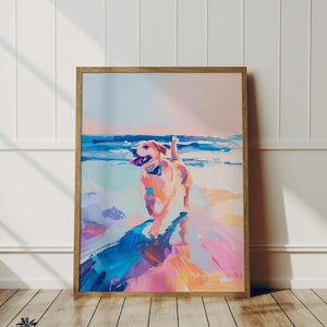 Happy Terrier Strolling The Beach - Coastal Pastel Dog Art - Bright Colorful Painting - Terrier Lover Print - Girl Dog Mom Wall Decor