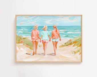 May include: Three people wearing summery clothing walk along a sandy beach with blue water and a bright sky in the background.