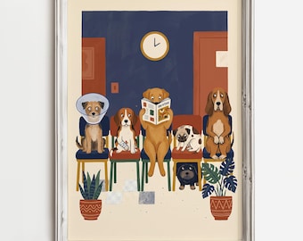 Dogs In Vet Waiting Room | Navy Rust Folk Gouache Art | Funny Vet Office Decor | Dog Lover Gift | Ready To Frame Print