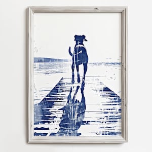 Water Dog Dock Trott | Happy Lake Dog Life | Fun Cute Sketch Print | Summertime Art For Dog Lovers | Lake Home Cottage Decor In Rustic Blue