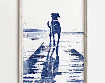 Water Dog Dock Trott | Happy Lake Dog Life | Fun Cute Sketch Print | Summertime Art For Dog Lovers | Lake Home Cottage Decor In Rustic Blue