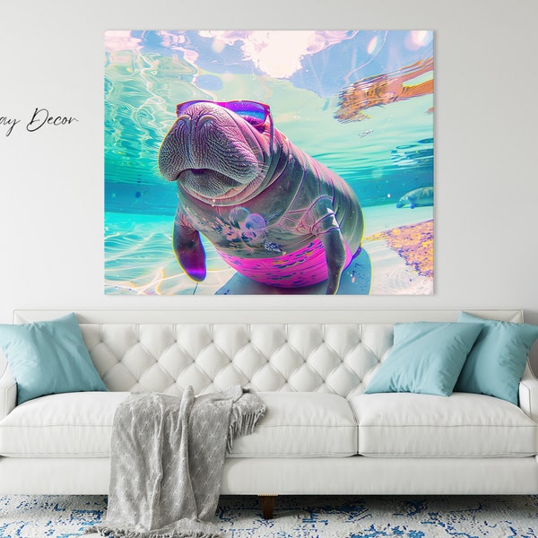 Underwater Whiskers - Humorous Sea Cow - Whimsical Manatee - Sea Life Lovers - Chubby Mermaids - Trendy Bathroom Bedroom Print