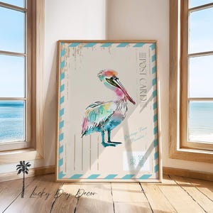 Postal antigua de pelícano colorido / Impresión de arte de pared costero vintage / Vida marina de moda / Guardería de playa / Arte lindo para habitación de niñas