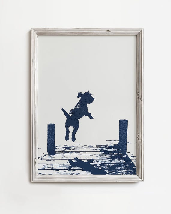 Happy Airedoodle Dog Jumps Summertime Dog Sketch Art Waterdog