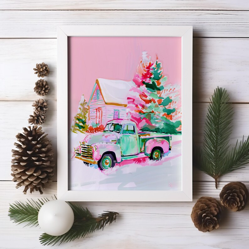 Vintage Pink Truck by Cabin Pastel Retro Christmas Art Pink Winter