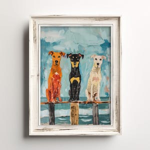 Boardwalk Dogs Perched | Ocean Seashore Dog Lover Art | Fun Whimsical Painting | Coastal Beach Waterdogs Print | Muted Pastel Watercolor