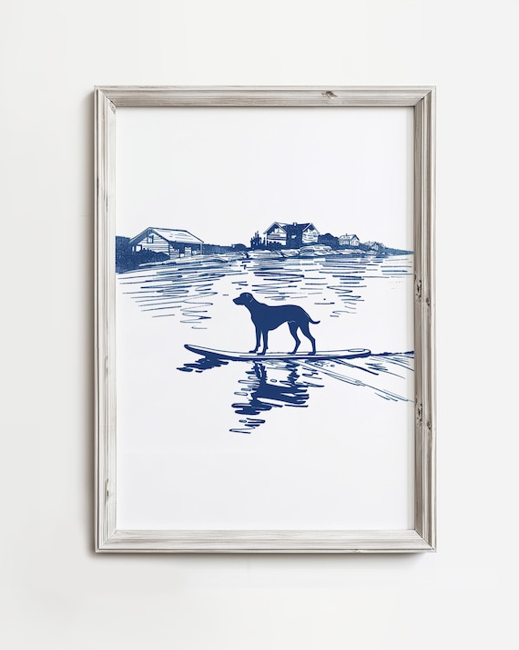 Solo Dog on Paddleboard Simplistic Dogs Summertime Dog Sketch