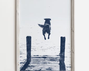 Happy Golden Retriever Jumps Off Dock | Lake Dog Decor | Summer Lake Home Print | Water Dog Sketch Art | Rustic Coastal Cottage | Dog Lover
