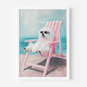 Maltese In Shades On Beach | Whimsical Colorful Pastel Painting | Pink Girly Dog Art | Fun Summer Canine Print | Wall Decor For Dog Moms
