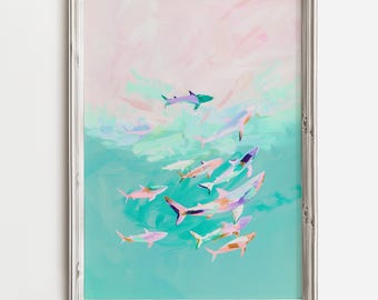 Colorful Sharks Swimming Above - Colorful Pastel Painting - Pink Blue Coastal Artwork - Sea Life Abstract - Impressionist Art - Beach Decor
