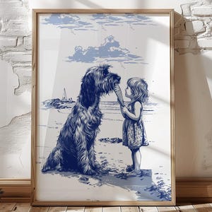 Dog Gets Ice Cream Cone | Cute Vintage Coastal Home Print | Nursery Room Wall Art | Adorable Family Doodle Day At Beach | Navy Blue Sketch