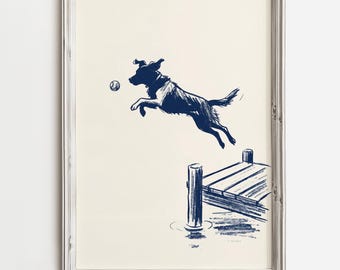 Dog Jumping For Ball | Island Life Home Decor | Vintage Navy Ink Drawing | Coastal Wall Art | Tropical Ocean Lover | Beach House Condo