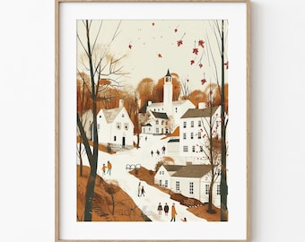 May include: A framed art print shows a village scene in autumnal hues. White buildings with dark roofs are set along a road, with figures of people walking. Bare trees and red leaves frame the scene, against a cream-colored sky.