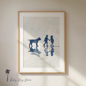 Happy Doodle Following Children Image - Vintage Coastal Home Print - Pet Family Kids Room Wall Art Adorable Fun Dog Lover Navy Blue Sketch