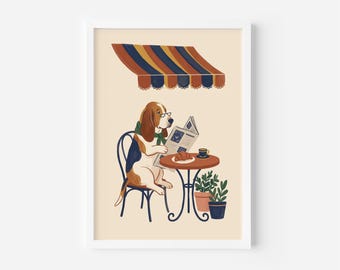 Basset Reading at Cafe | Cozy Parisian Morning Art | Vintage Striped Awning Kitchen Decor | Dog Lover Gift | Ready To Frame Print