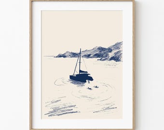 Anchored Catamaran Cove | Island Life Home Decor | Vintage Navy Ink Drawing | Coastal Wall Art | Tropical Ocean Lover | Beach House Condo