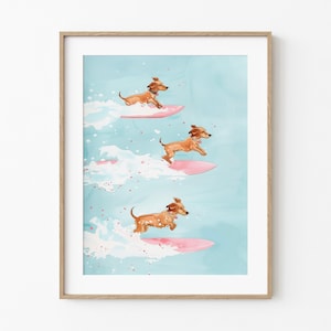 Surfing Happy Doxie Dogs | Fanciful Dachshund Dog Lover Art | Fun Whimsical Painting | Coastal Beach Waterdogs | Colorful Pastel Watercolor